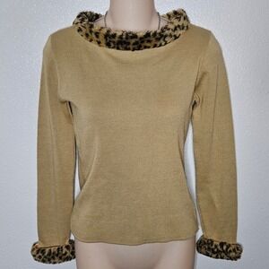 Take Out Leopard Trim Sweater Long Sleeve Tan